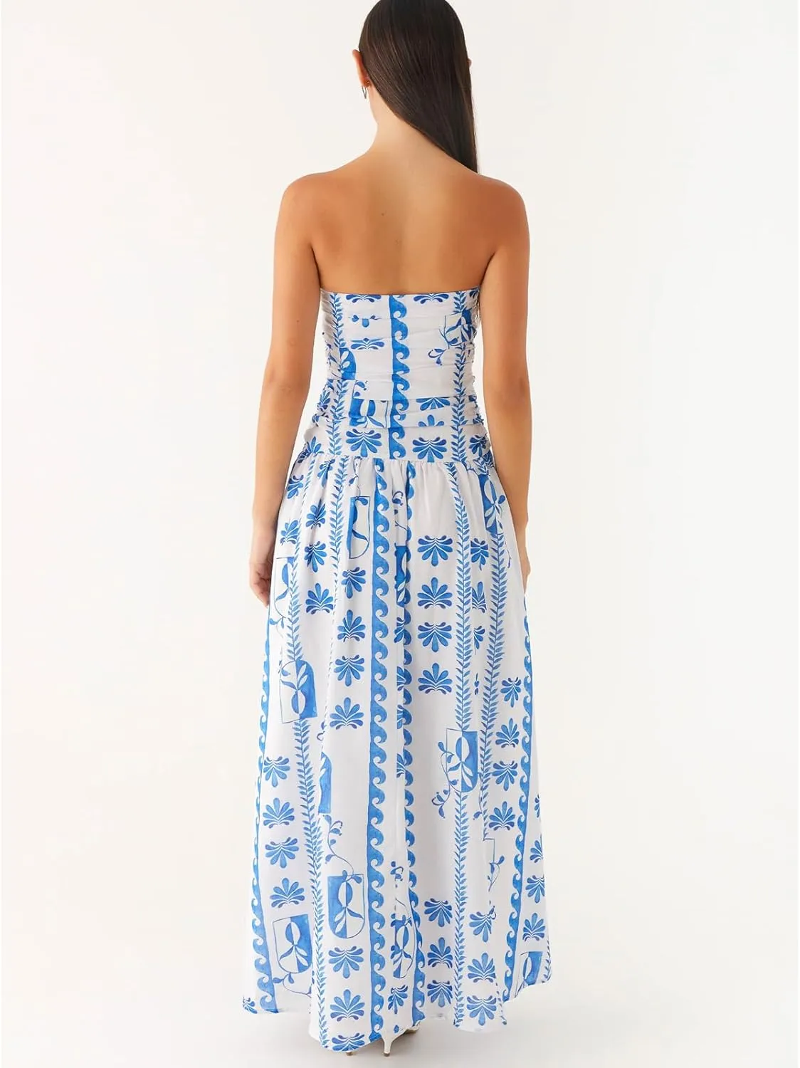 Womens Boho Floral Tube Strapless Dress with Scarf Y2k Flower Backless Beach Midi Bodycon Dresses Long Sundress