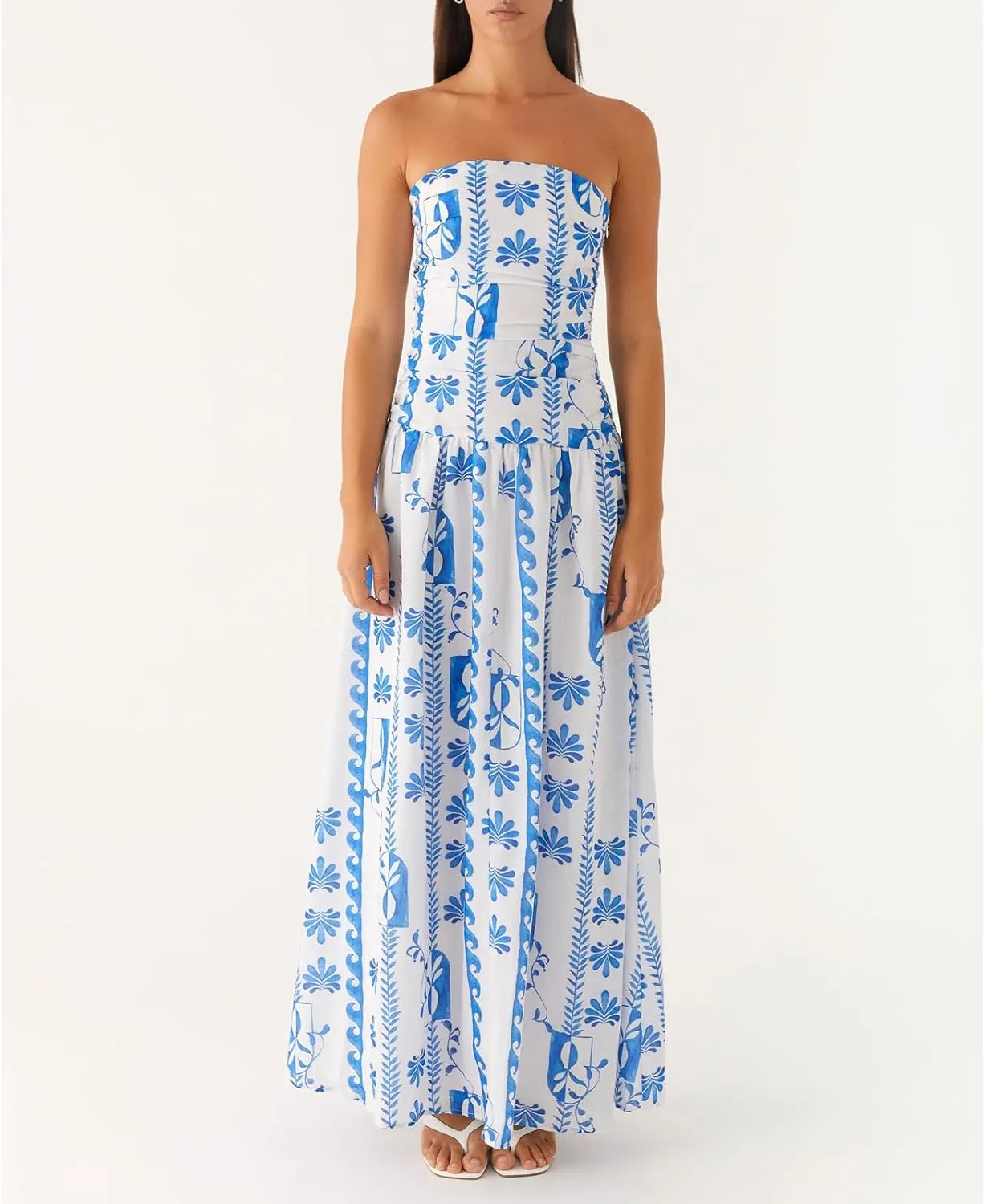 Womens Boho Floral Tube Strapless Dress with Scarf Y2k Flower Backless Beach Midi Bodycon Dresses Long Sundress