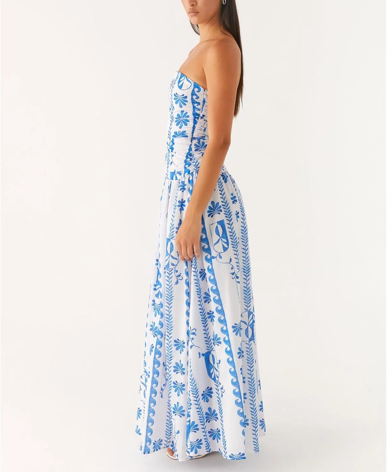 Womens Boho Floral Tube Strapless Dress with Scarf Y2k Flower Backless Beach Midi Bodycon Dresses Long Sundress