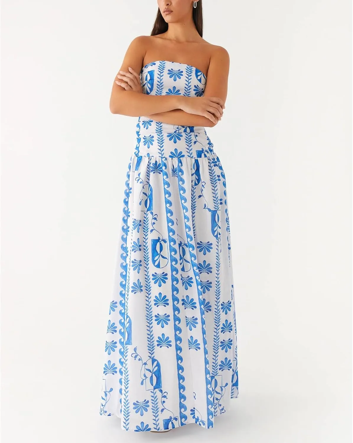 Womens Boho Floral Tube Strapless Dress with Scarf Y2k Flower Backless Beach Midi Bodycon Dresses Long Sundress