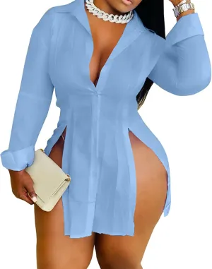 Women's Casual Dress Shirt Sexy V Neck Stand Up Collar Button Front Long Sleeve Side Split Solid Color Blouse Top