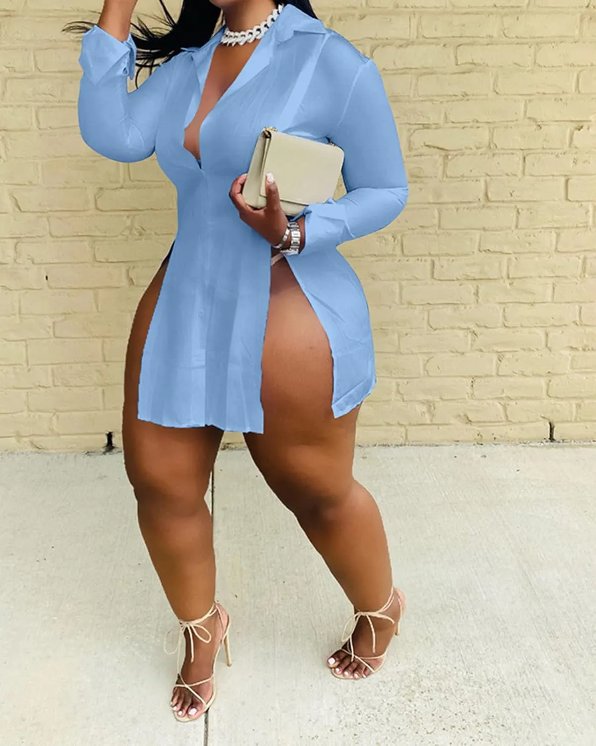 Women's Casual Dress Shirt Sexy V Neck Stand Up Collar Button Front Long Sleeve Side Split Solid Color Blouse Top