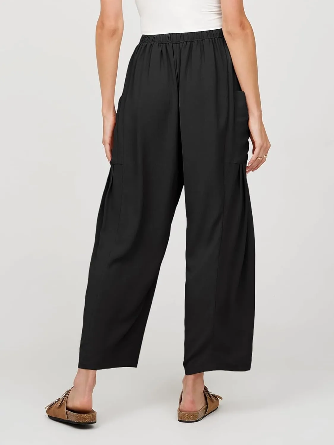 Womens Casual Harem Pants Summer Elastic Waist Wide Leg Trousers Baggy Pockets Crop Leggings