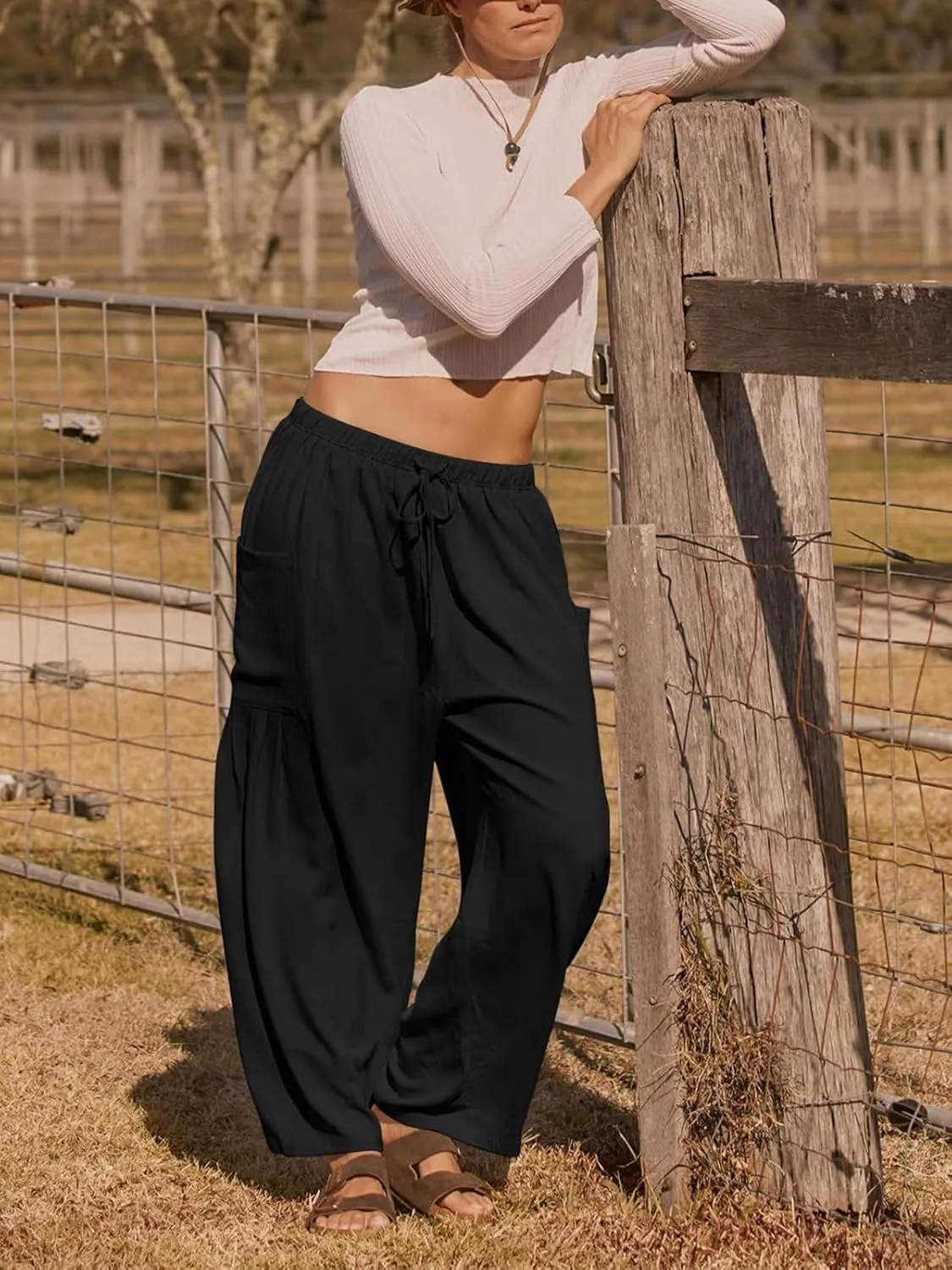 Womens Casual Harem Pants Summer Elastic Waist Wide Leg Trousers Baggy Pockets Crop Leggings