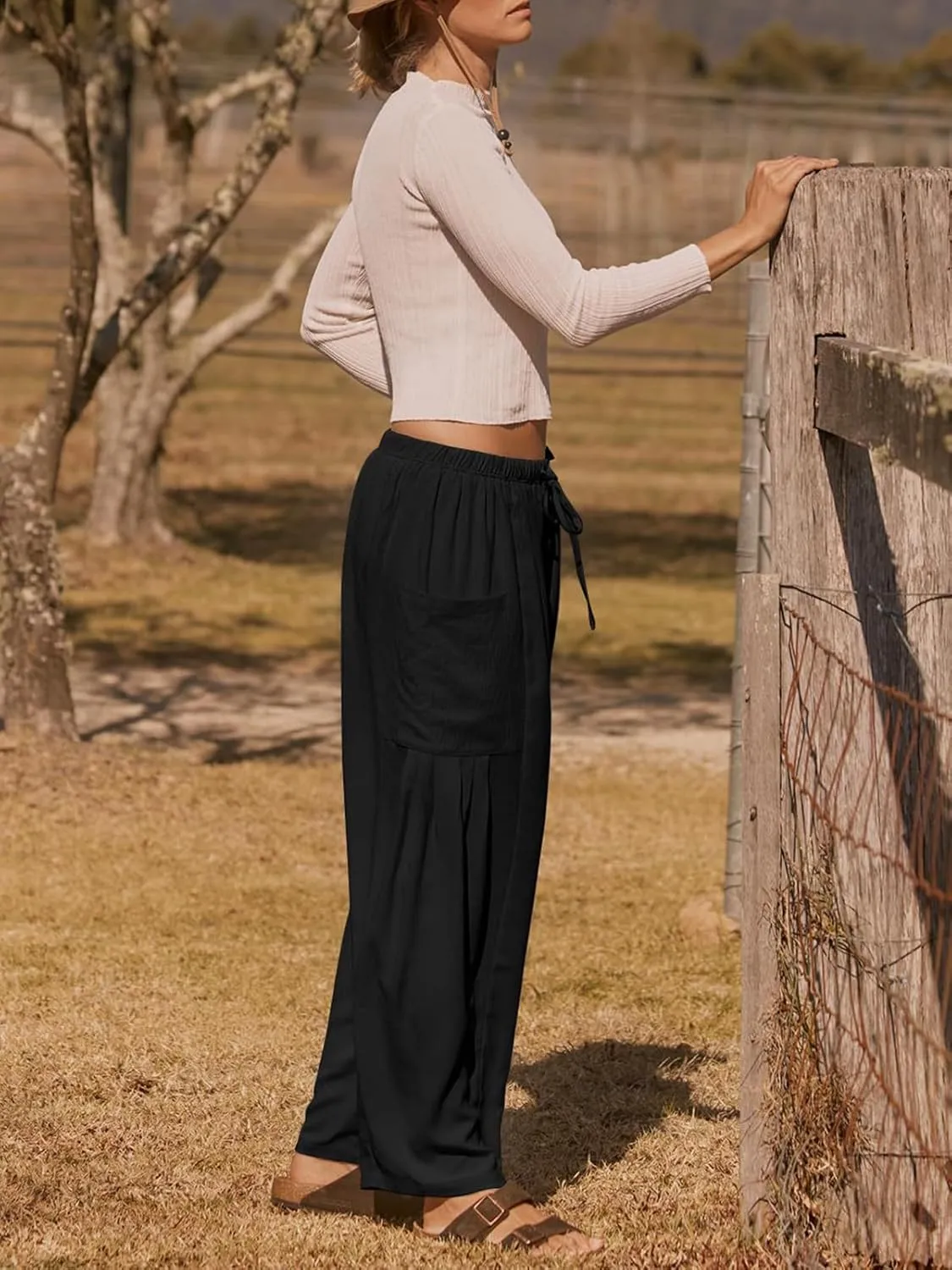 Womens Casual Harem Pants Summer Elastic Waist Wide Leg Trousers Baggy Pockets Crop Leggings