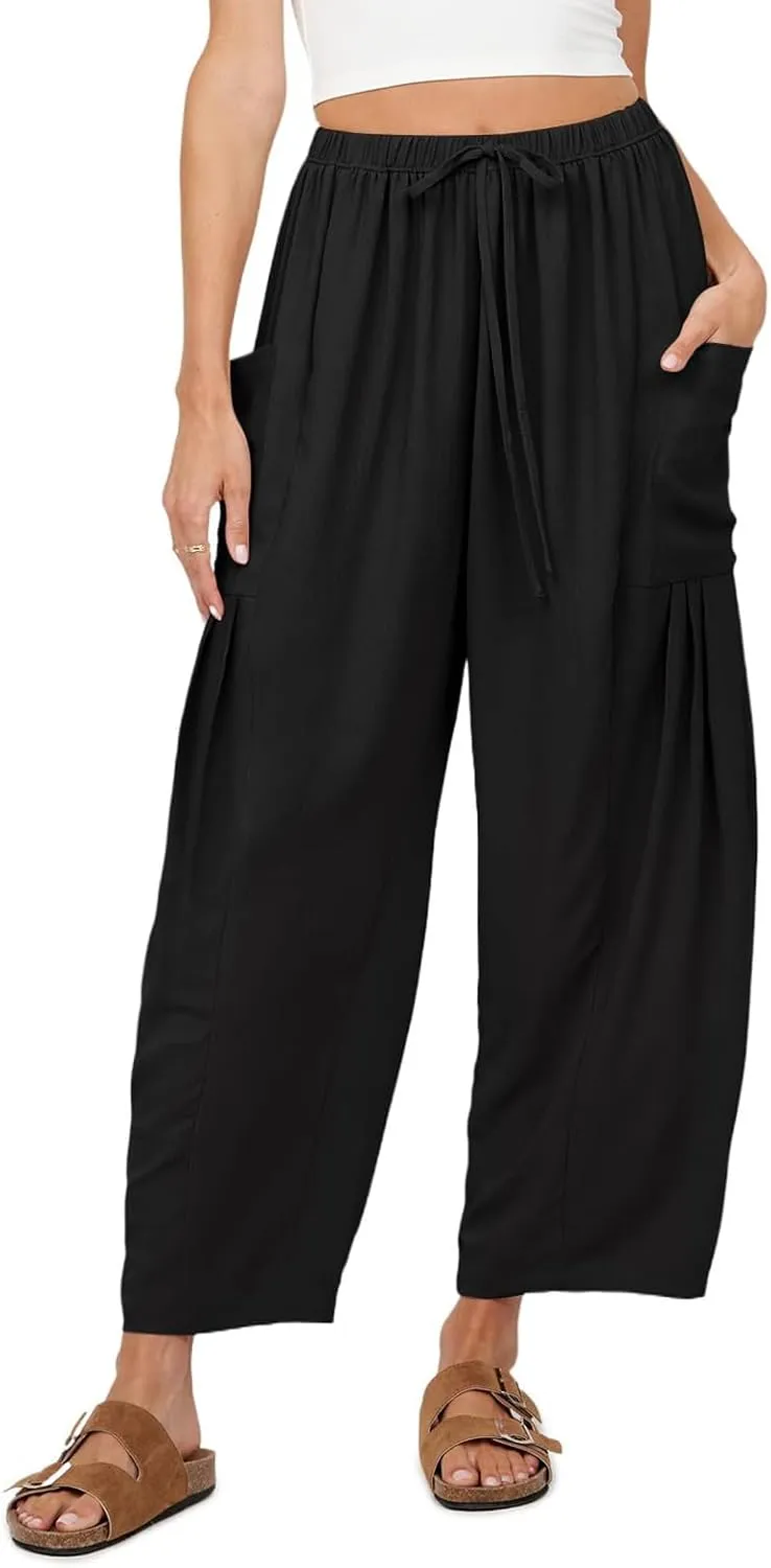 Womens Casual Harem Pants Summer Elastic Waist Wide Leg Trousers Baggy Pockets Crop Leggings