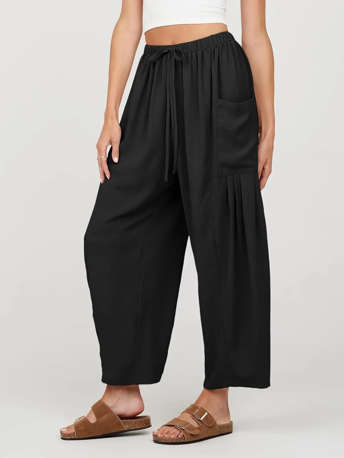 Womens Casual Harem Pants Summer Elastic Waist Wide Leg Trousers Baggy Pockets Crop Leggings
