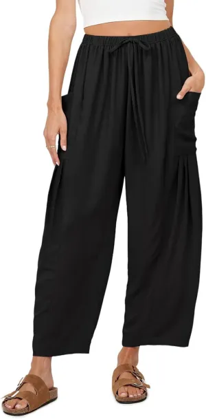 Womens Casual Harem Pants Summer Elastic Waist Wide Leg Trousers Baggy Pockets Crop Leggings