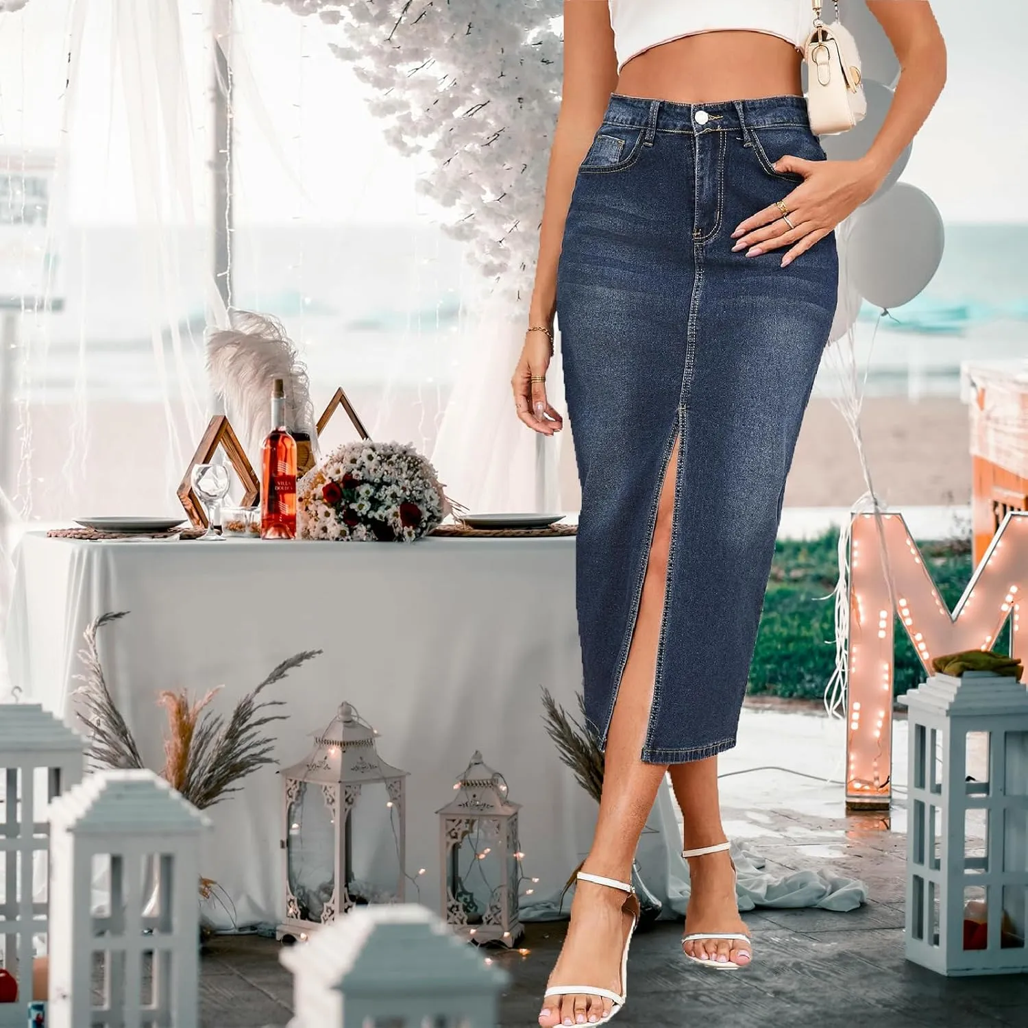 Women's Casual Jean Skirt High Waist Slit Midi Denim Skirt