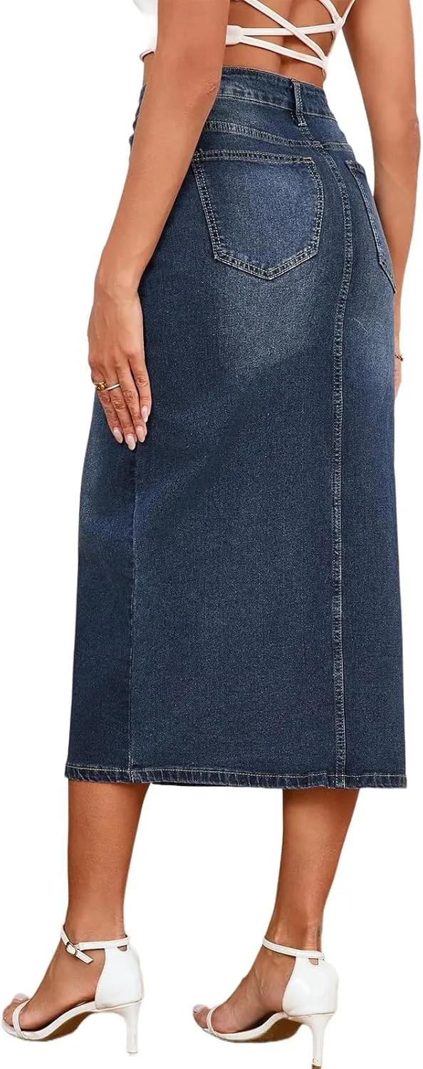 Women's Casual Jean Skirt High Waist Slit Midi Denim Skirt
