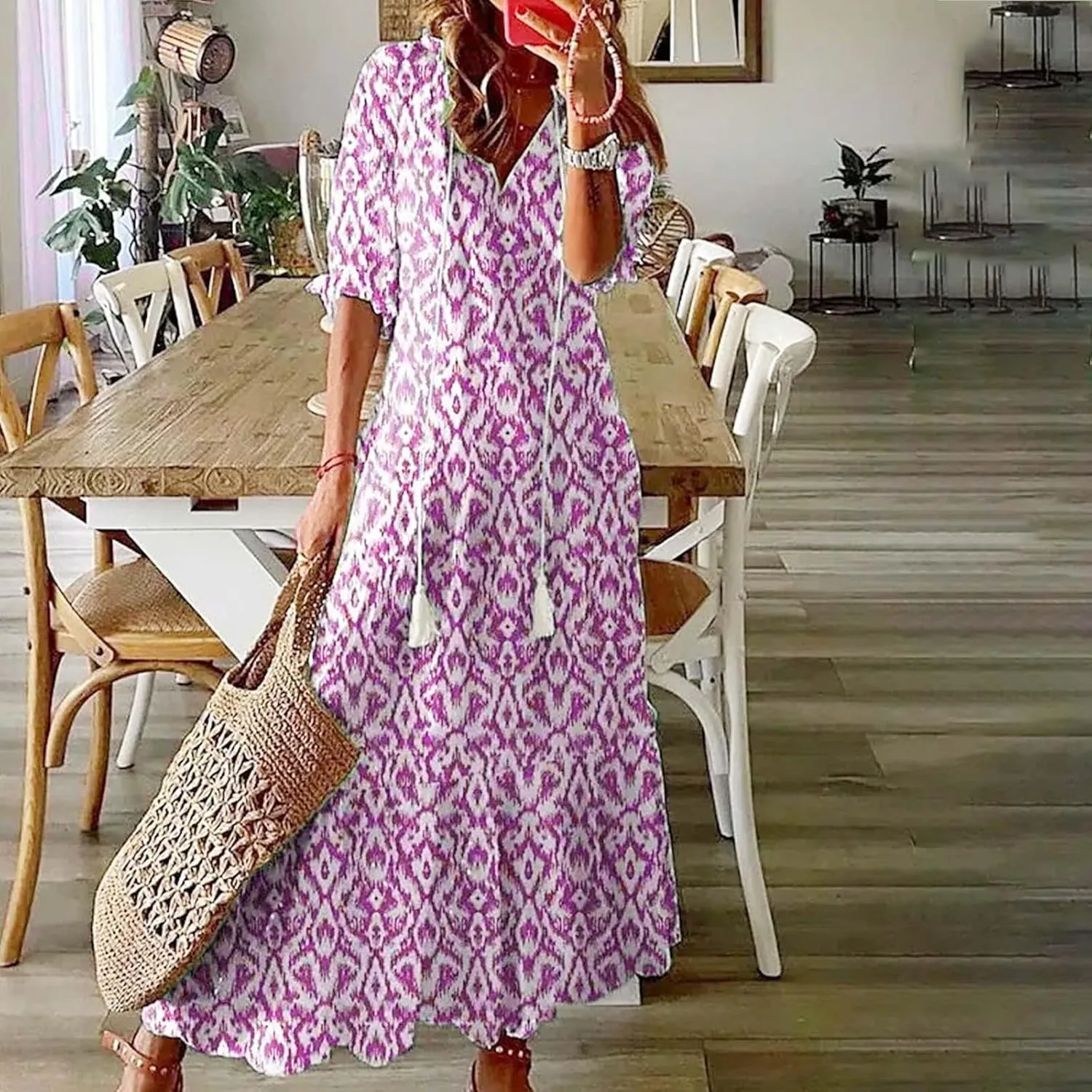 Women's Casual Loose Bohemian Floral Dresses 2024 3/4 Sleeve V Neck Ruffle A Line Flowy Summer Beach Dress