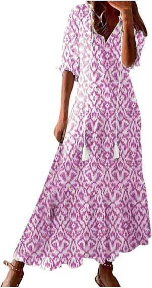 Women's Casual Loose Bohemian Floral Dresses 2024 3/4 Sleeve V Neck Ruffle A Line Flowy Summer Beach Dress
