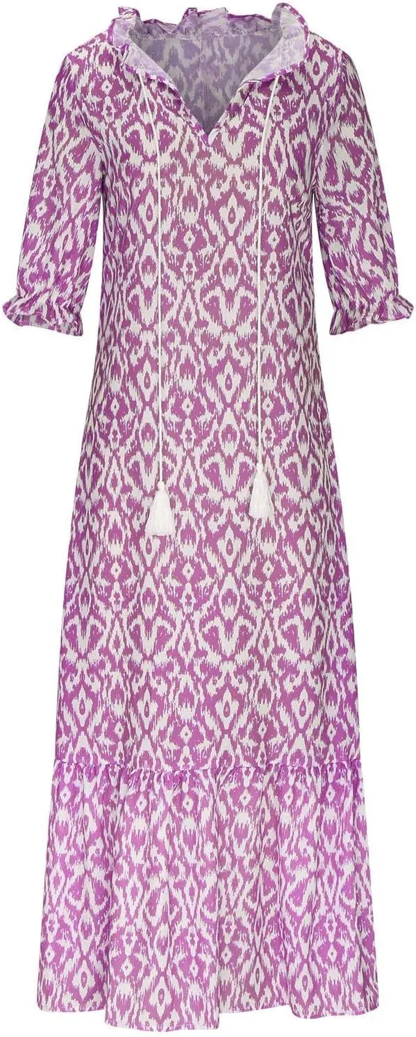Women's Casual Loose Bohemian Floral Dresses 2024 3/4 Sleeve V Neck Ruffle A Line Flowy Summer Beach Dress
