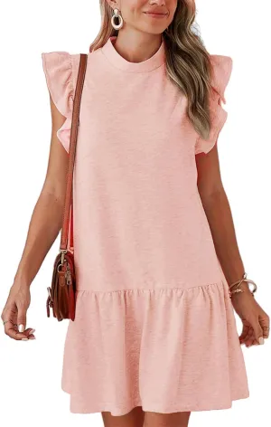 Women's Casual Ruffle Sleeve Mini Dress Soft Loose Fit Summer T-Shirt Dress with Flowy Hem