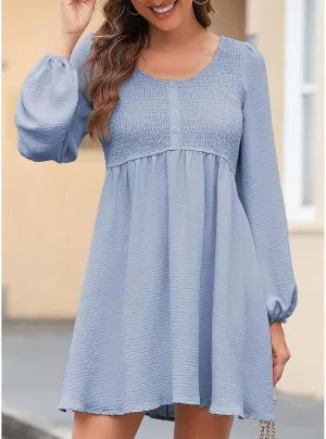 Women's Casual Smocked Dresses Crewneck Button Long Sleeve A-Line Mini Dress Beach Vacation Party Tiered Dresses
