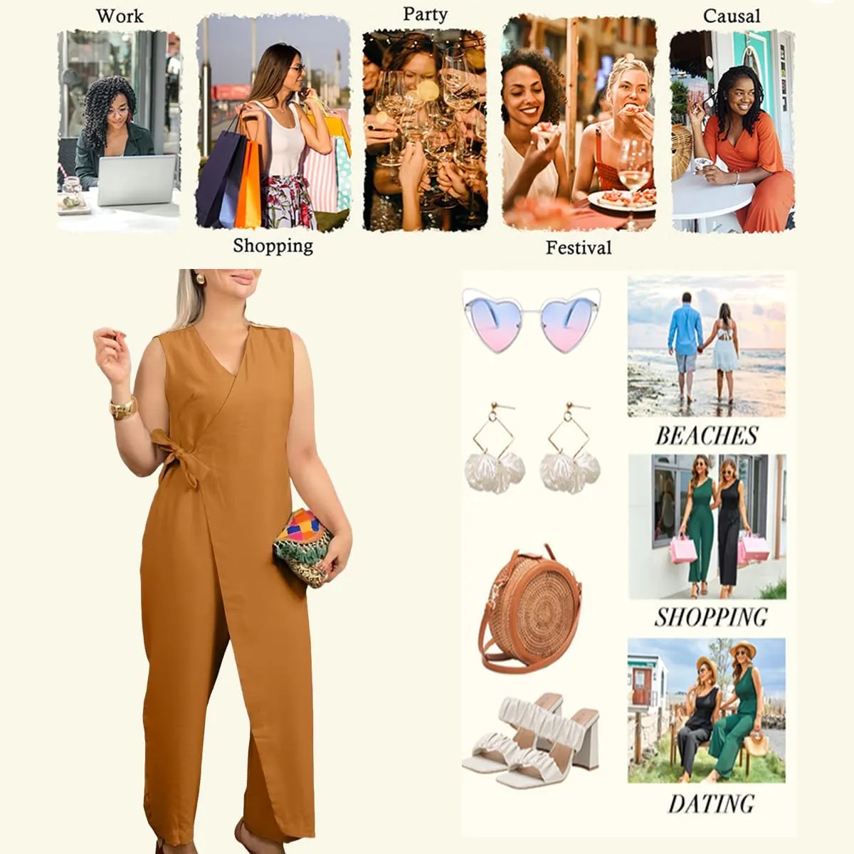 Women's Casual V-neck Cross Strap Jumpsuit, Dressy Casual Summer Short Sleeve Wrap V Neck Belted Wide Leg Pants Romper