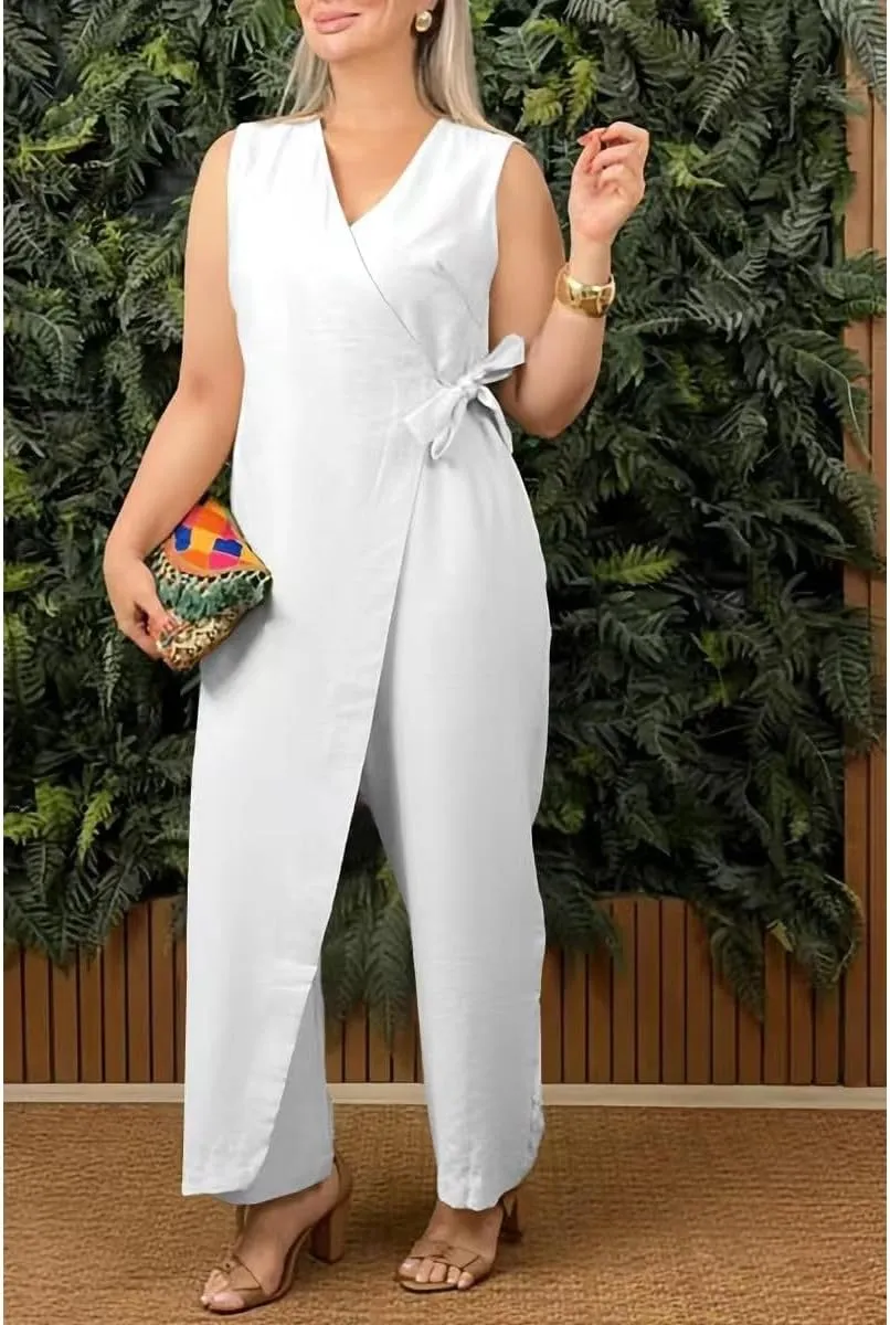 Women's Casual V-neck Cross Strap Jumpsuit, Dressy Casual Summer Short Sleeve Wrap V Neck Belted Wide Leg Pants Romper