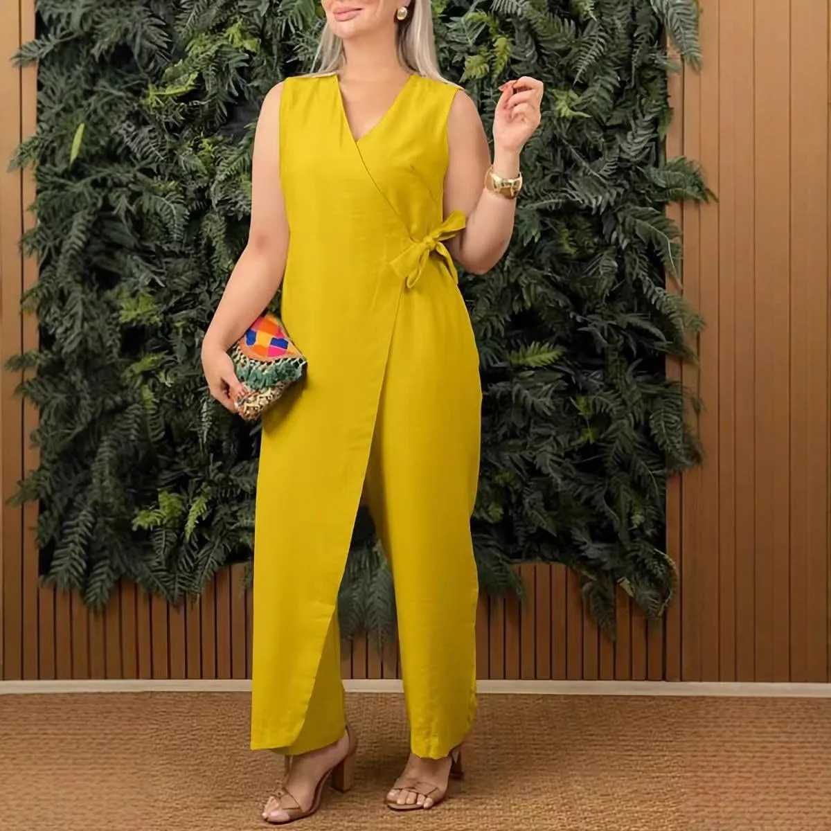 Women's Casual V-neck Cross Strap Jumpsuit, Dressy Casual Summer Short Sleeve Wrap V Neck Belted Wide Leg Pants Romper