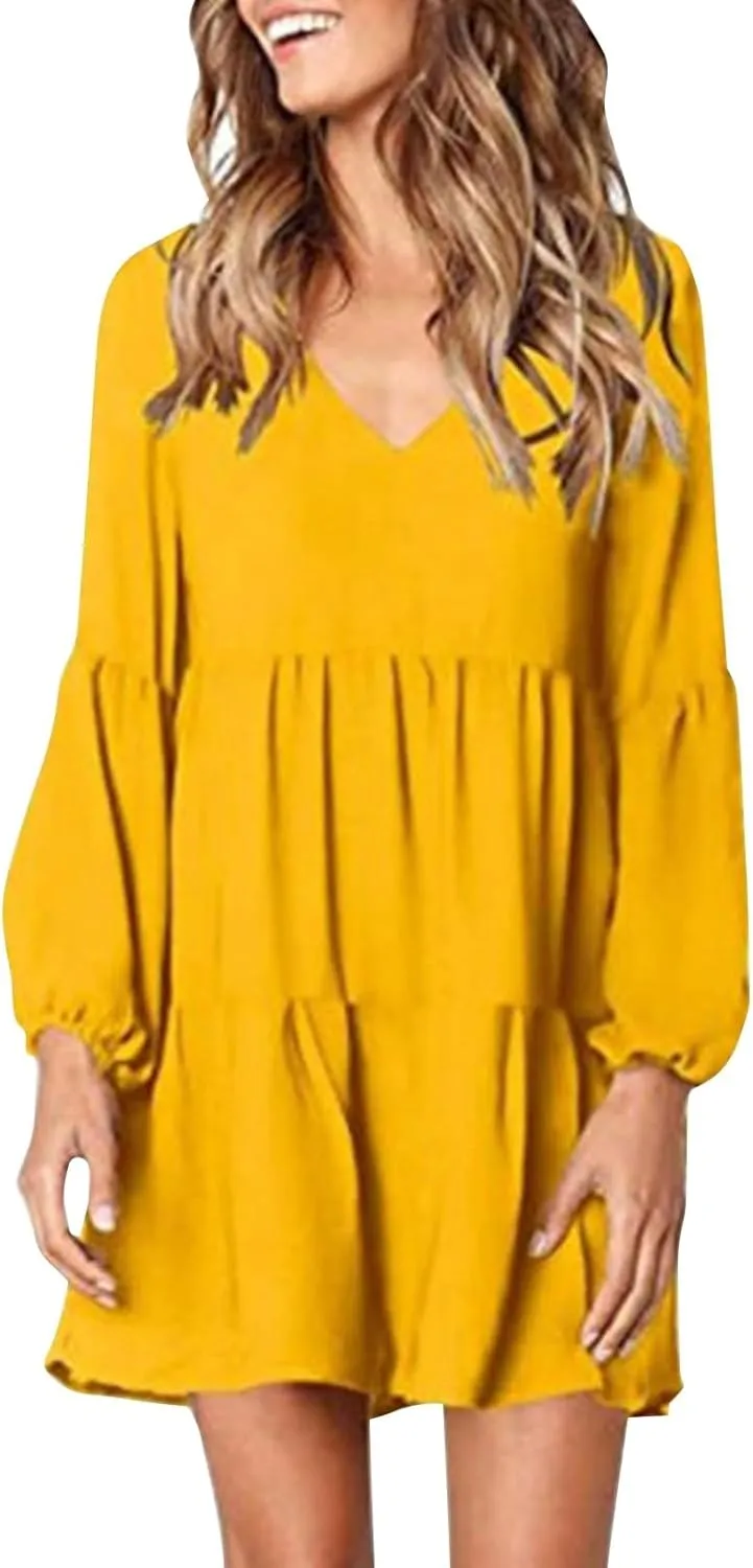 Women's Chiffon Funny Work Dresses for Women 2024 V Neck Summer Dresses Ruffle Pleated Long Sleeve Black Summer Dress