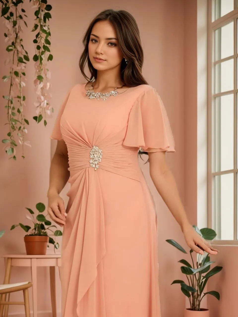 Women's Chiffon Mother of The Bride Dresses with Flutter Sleeves 2025 Ruffles A line Formal Evening Gowns