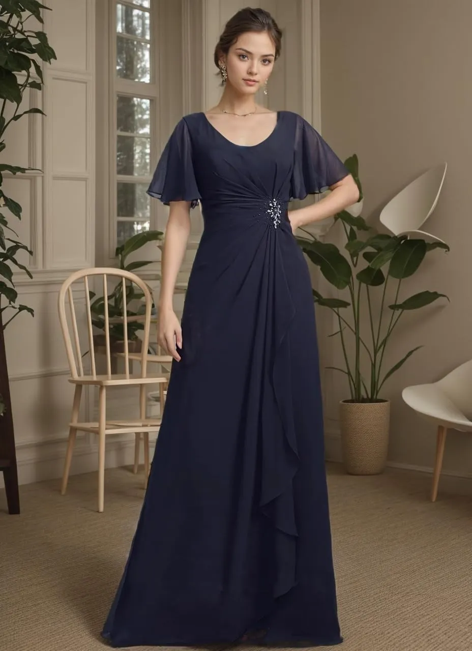 Women's Chiffon Mother of The Bride Dresses with Flutter Sleeves 2025 Ruffles A line Formal Evening Gowns