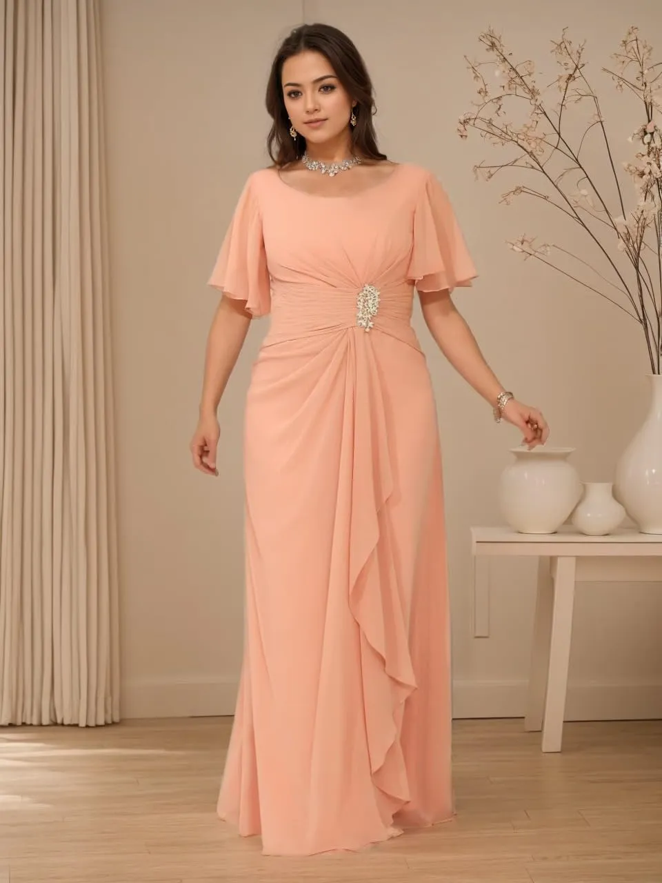 Women's Chiffon Mother of The Bride Dresses with Flutter Sleeves 2025 Ruffles A line Formal Evening Gowns
