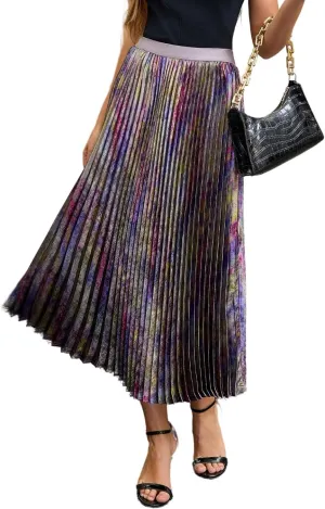 Womens Colorful Metallic Pleated Midi Skirt  High Waist Gradient A-Line Skirt with Shiny Finish for Party, Holiday, Date Night, or Office