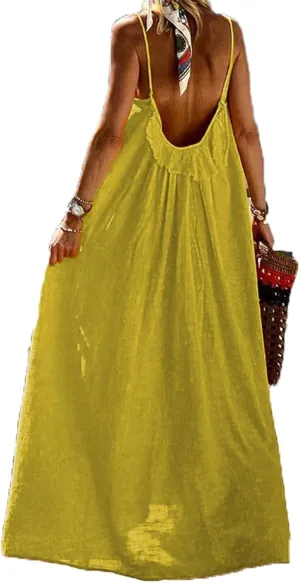 Womens Cotton Linen Maxi Dress Casual Sleeveless Spaghetti Strap Summer Loose Beach Long Sundresses