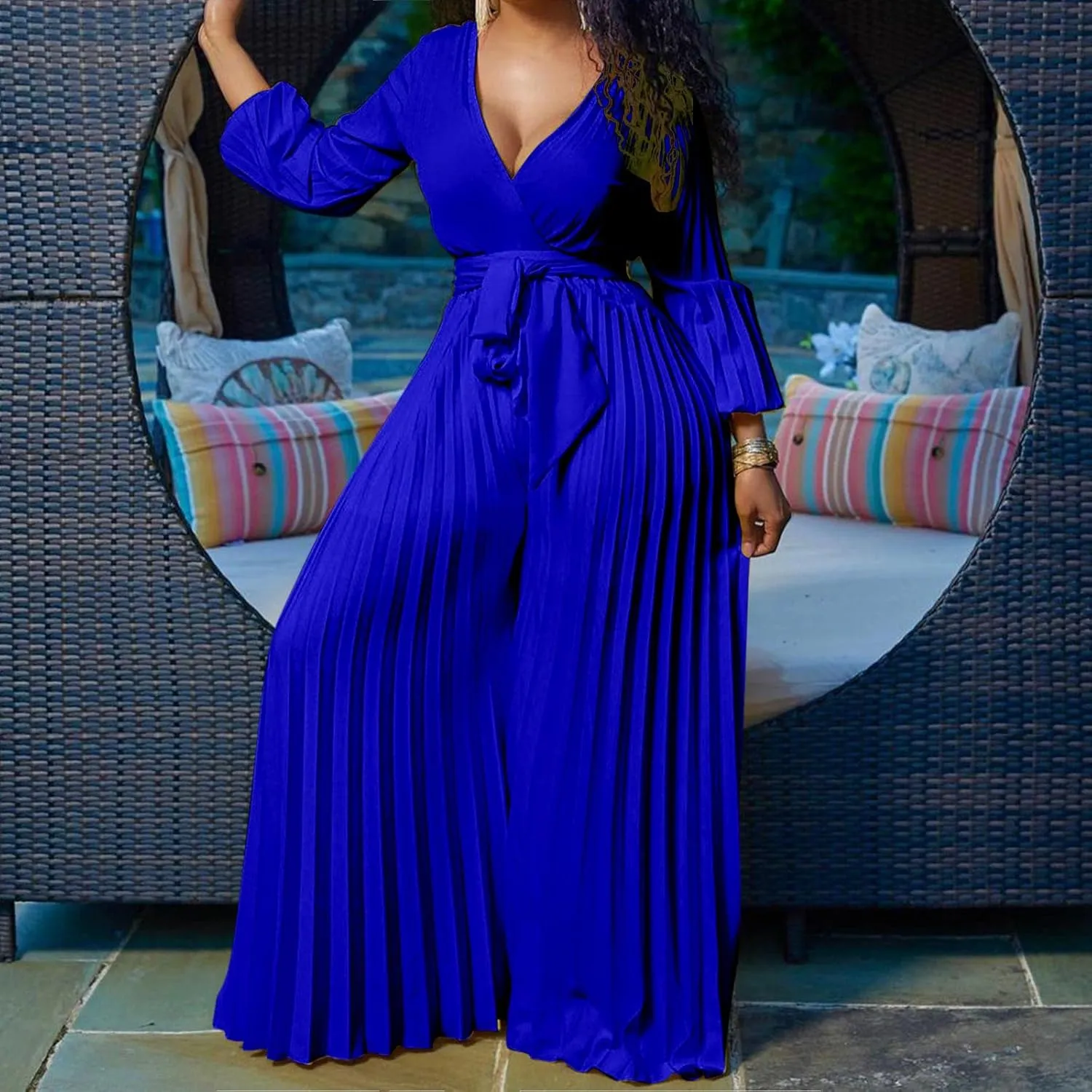 Womens Dress Jumpsuit Dressy Long Sleeve High Waist Wide Leg Romper Formal Jumpsuit Belt Pleated Deep V Neck Romper