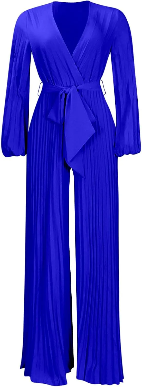 Womens Dress Jumpsuit Dressy Long Sleeve High Waist Wide Leg Romper Formal Jumpsuit Belt Pleated Deep V Neck Romper