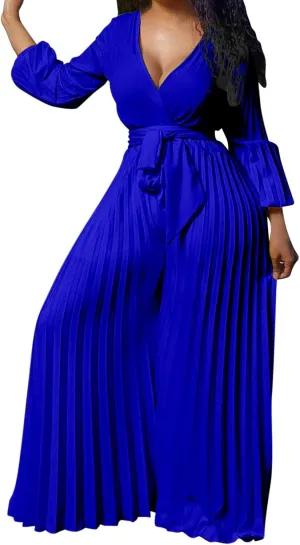 Womens Dress Jumpsuit Dressy Long Sleeve High Waist Wide Leg Romper Formal Jumpsuit Belt Pleated Deep V Neck Romper