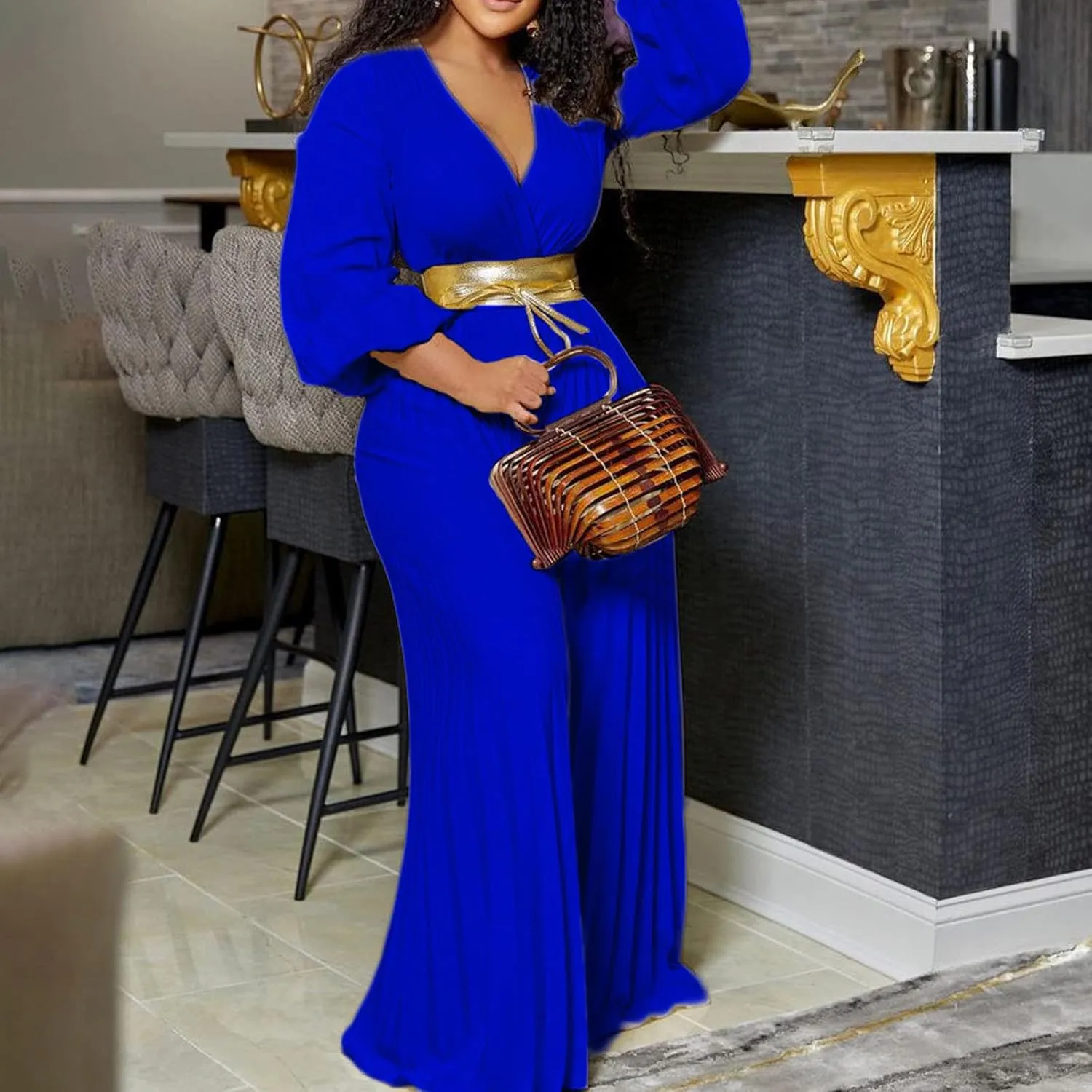 Womens Dress Jumpsuit Dressy Long Sleeve High Waist Wide Leg Romper Formal Jumpsuit Belt Pleated Deep V Neck Romper
