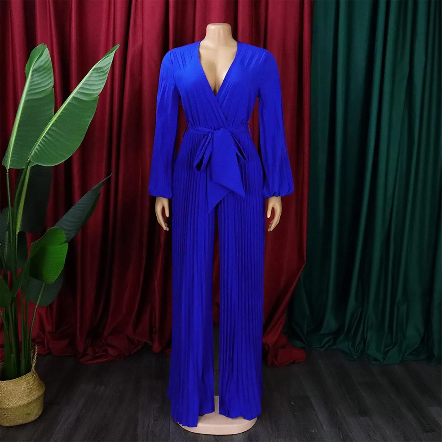 Womens Dress Jumpsuit Dressy Long Sleeve High Waist Wide Leg Romper Formal Jumpsuit Belt Pleated Deep V Neck Romper