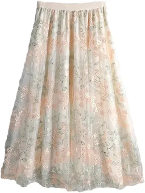 Women's Embroidered Tulle Skirt Stretch High Waist Casual A-Line Pleated Mesh Midi Skirts
