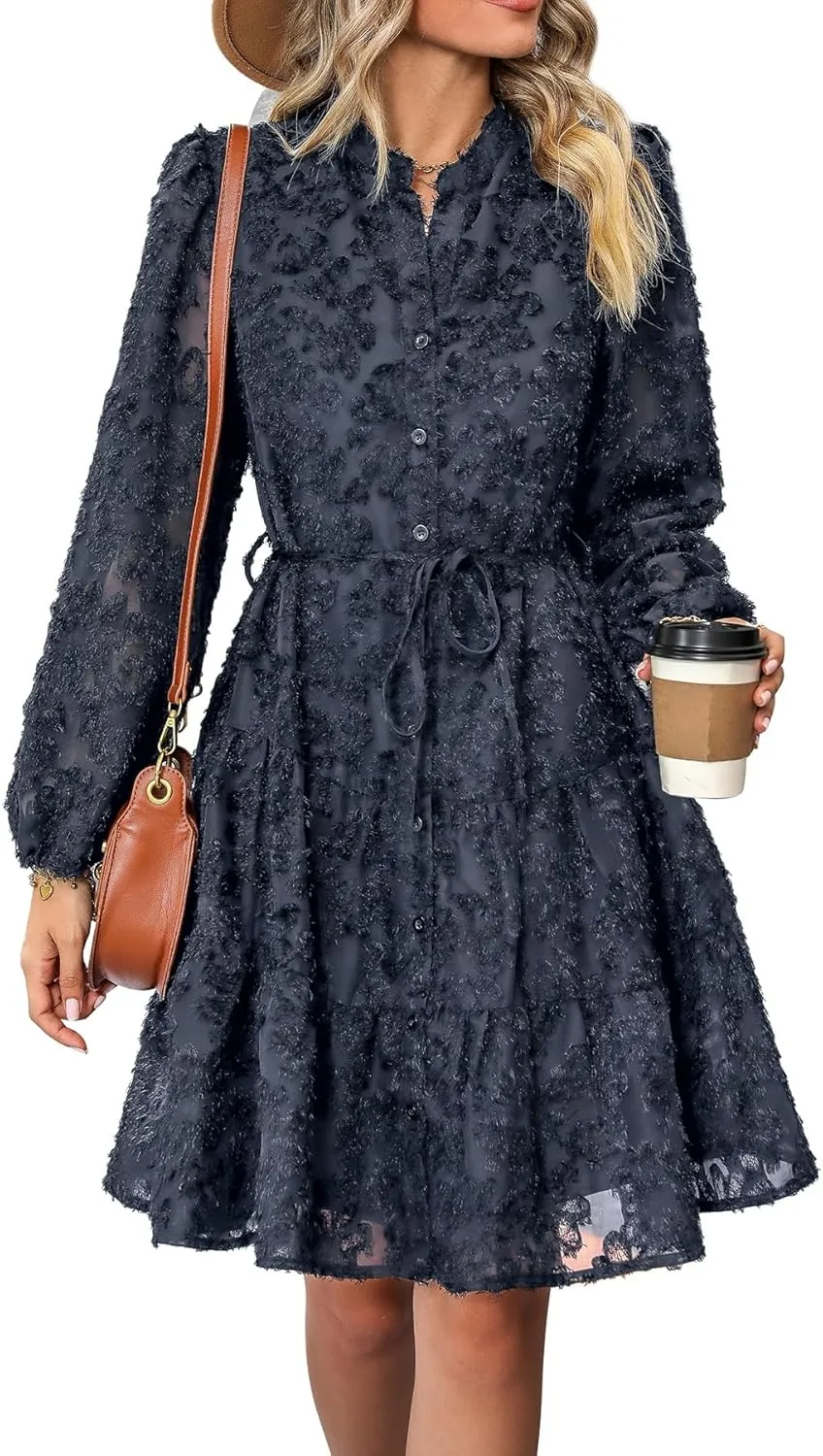 Women's Floral Print Knee Length Shirt Dresses Button Down Belted Stand Neck Fuzzy Flowy Ruffle Hem Party Mini Dress