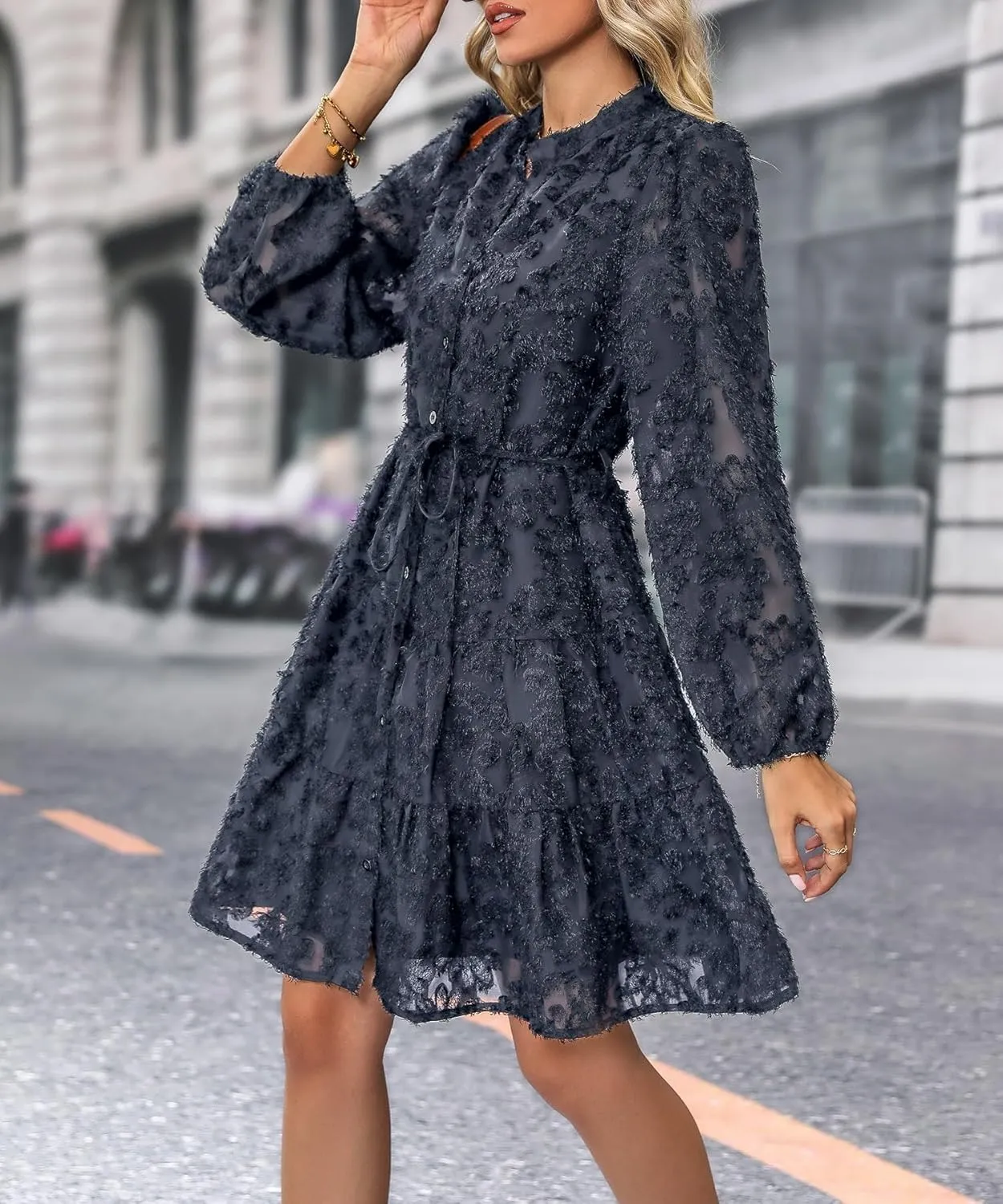 Women's Floral Print Knee Length Shirt Dresses Button Down Belted Stand Neck Fuzzy Flowy Ruffle Hem Party Mini Dress