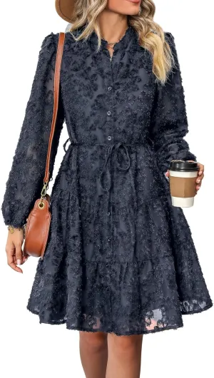 Women's Floral Print Knee Length Shirt Dresses Button Down Belted Stand Neck Fuzzy Flowy Ruffle Hem Party Mini Dress