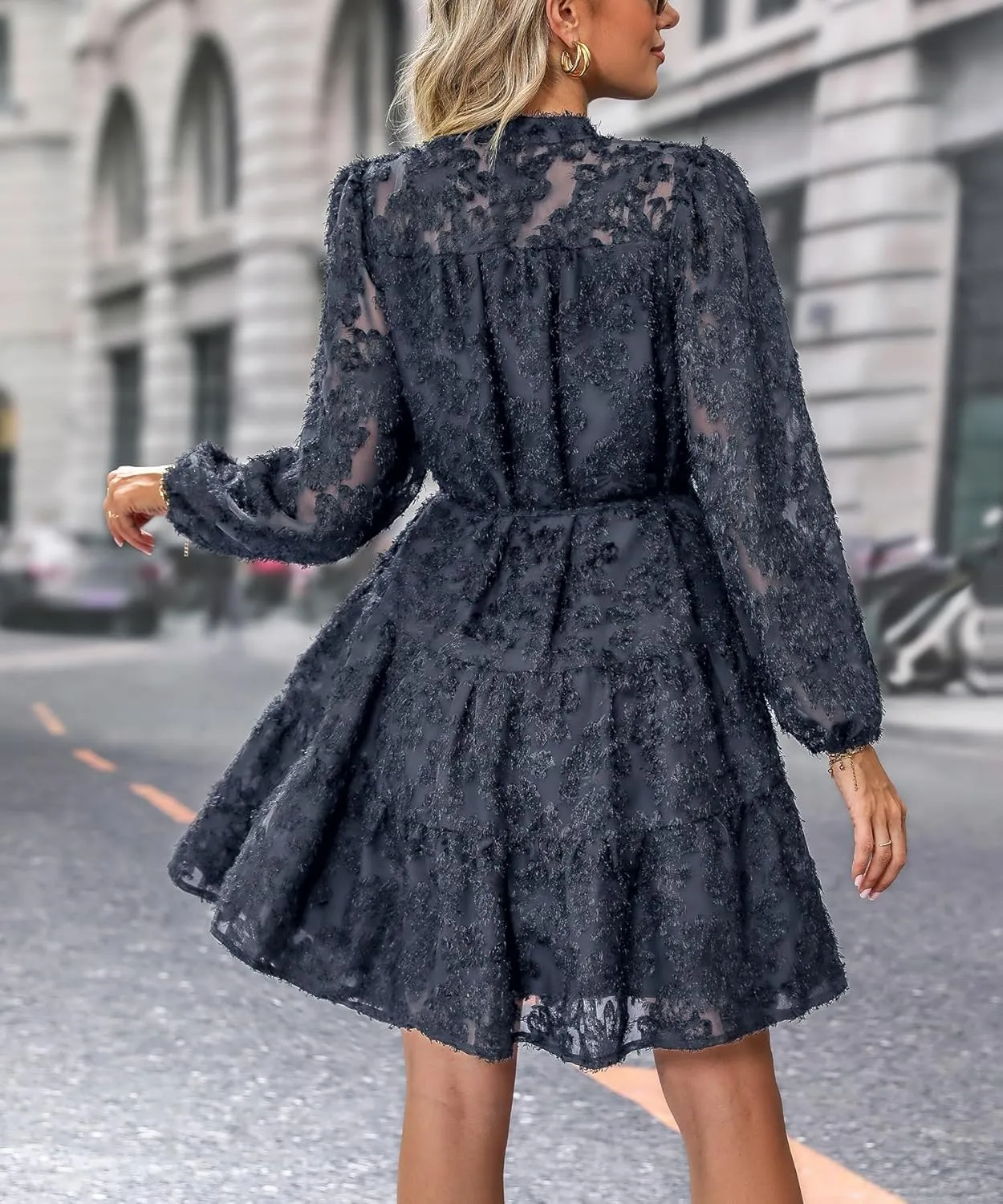 Women's Floral Print Knee Length Shirt Dresses Button Down Belted Stand Neck Fuzzy Flowy Ruffle Hem Party Mini Dress