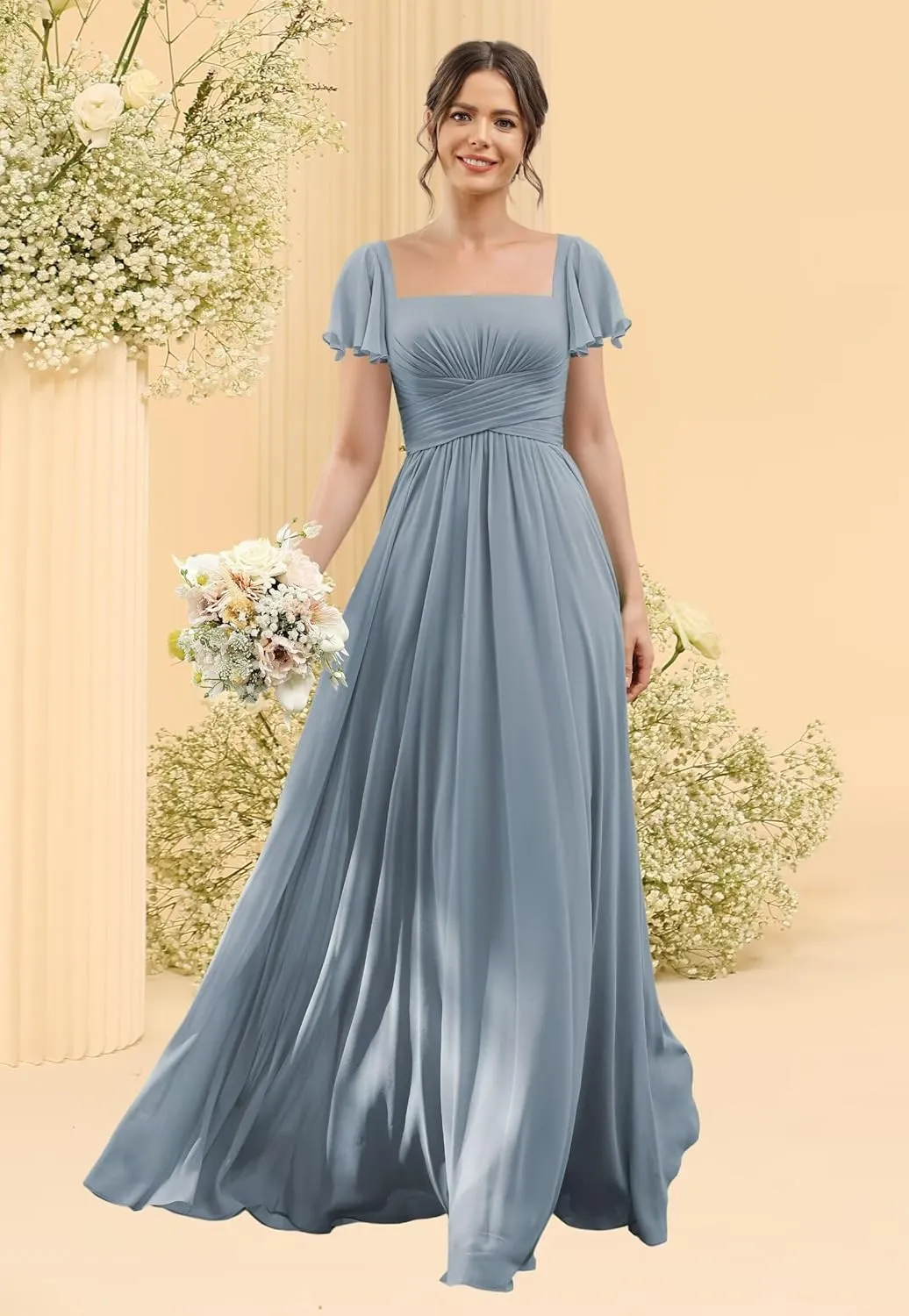 Women's Flutter Sleeves Bridesmaid Dresses with Slit Chiffon Formal Evening Gowns Hi001