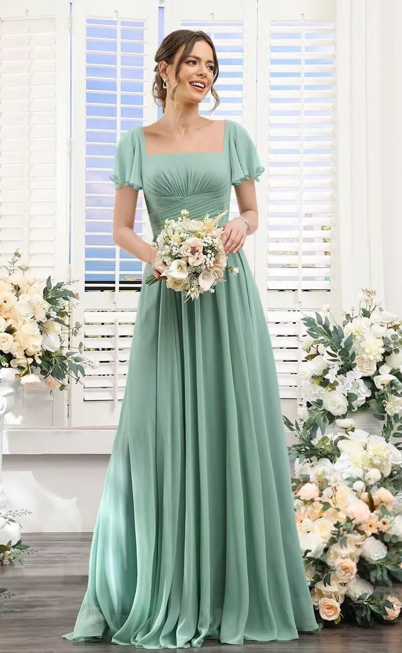 Women's Flutter Sleeves Bridesmaid Dresses with Slit Chiffon Formal Evening Gowns Hi001