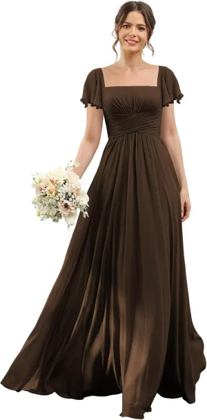 Women's Flutter Sleeves Bridesmaid Dresses with Slit Chiffon Formal Evening Gowns Hi001