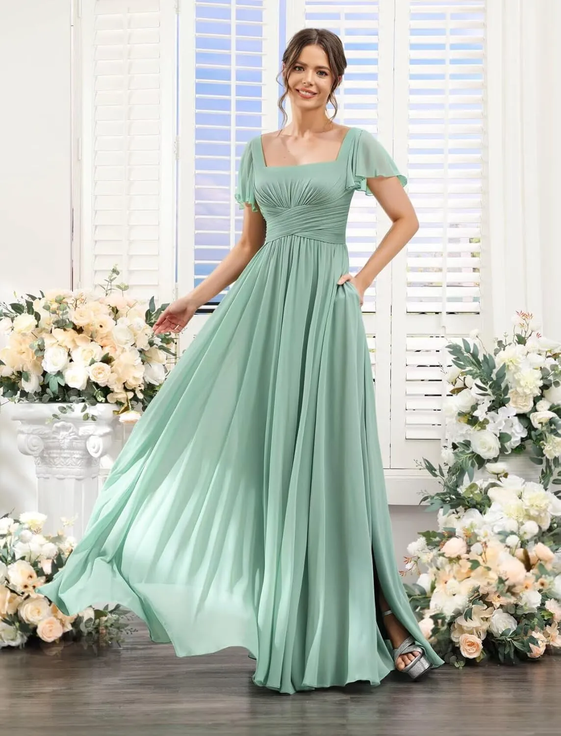 Women's Flutter Sleeves Bridesmaid Dresses with Slit Chiffon Formal Evening Gowns Hi001