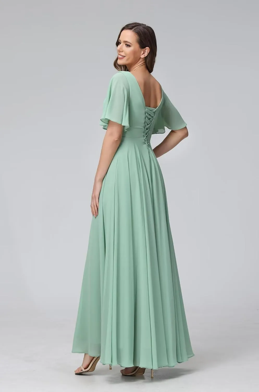 Women's Flutter Sleeves Bridesmaid Dresses with Slit Chiffon Formal Evening Gowns Hi001
