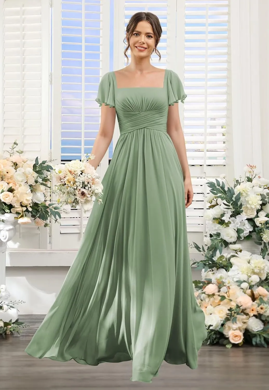 Women's Flutter Sleeves Bridesmaid Dresses with Slit Chiffon Formal Evening Gowns Hi001
