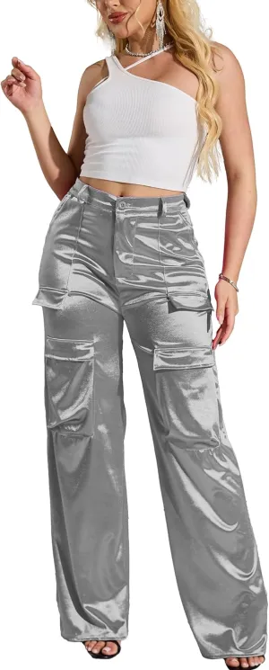 Womens High Waisted Satin Cargo Pants Loose Fit Wide Leg Trousers with Pockets Trendy Outfit