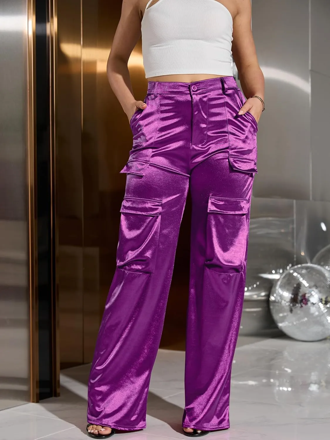 Womens High Waisted Satin Cargo Pants Loose Fit Wide Leg Trousers with Pockets Trendy Outfit
