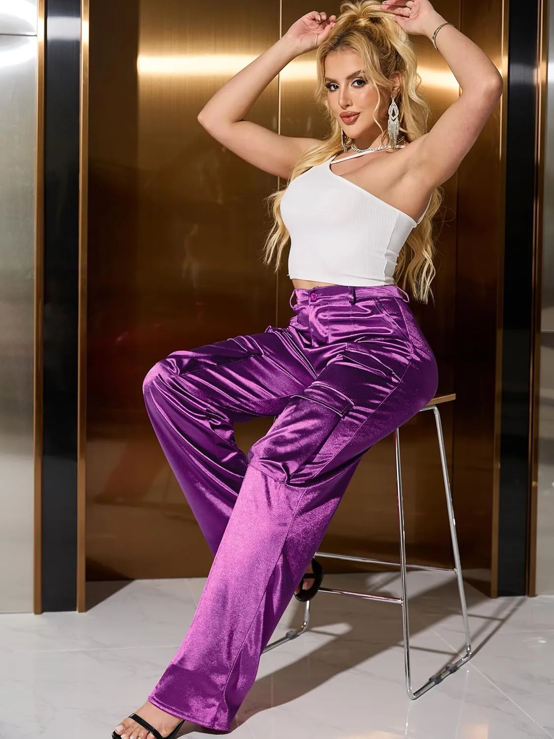 Womens High Waisted Satin Cargo Pants Loose Fit Wide Leg Trousers with Pockets Trendy Outfit
