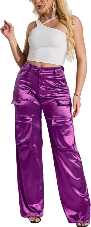 Womens High Waisted Satin Cargo Pants Loose Fit Wide Leg Trousers with Pockets Trendy Outfit