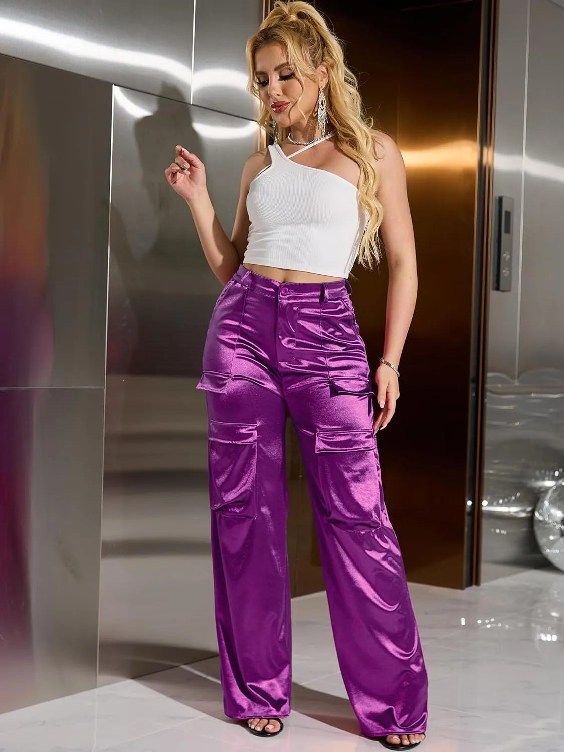 Womens High Waisted Satin Cargo Pants Loose Fit Wide Leg Trousers with Pockets Trendy Outfit