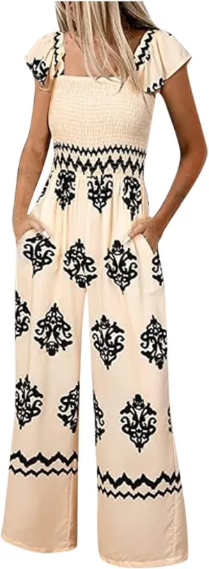 Womens Jumpsuits Casual One Piece Shirred Strap Wide Leg Long Pants Rompers with Pockets Boho Summer Outfits